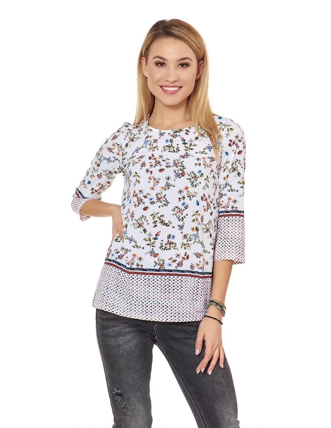 Cream women\'s blouse with a floral pattern 0446 - Online store - Boutique